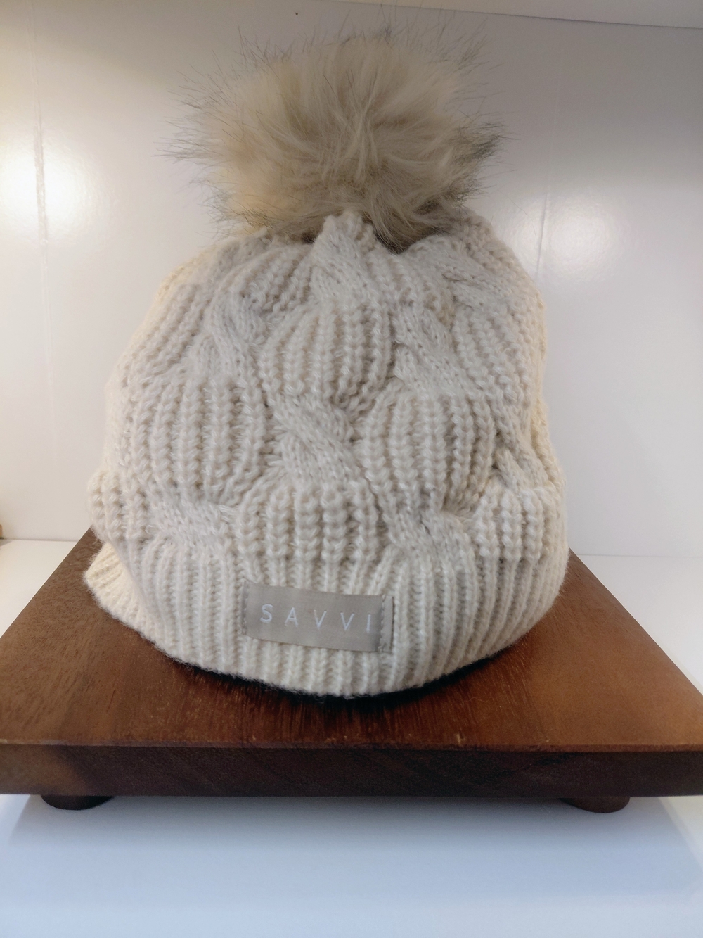 Savvi Cream Cable Pom Beanie